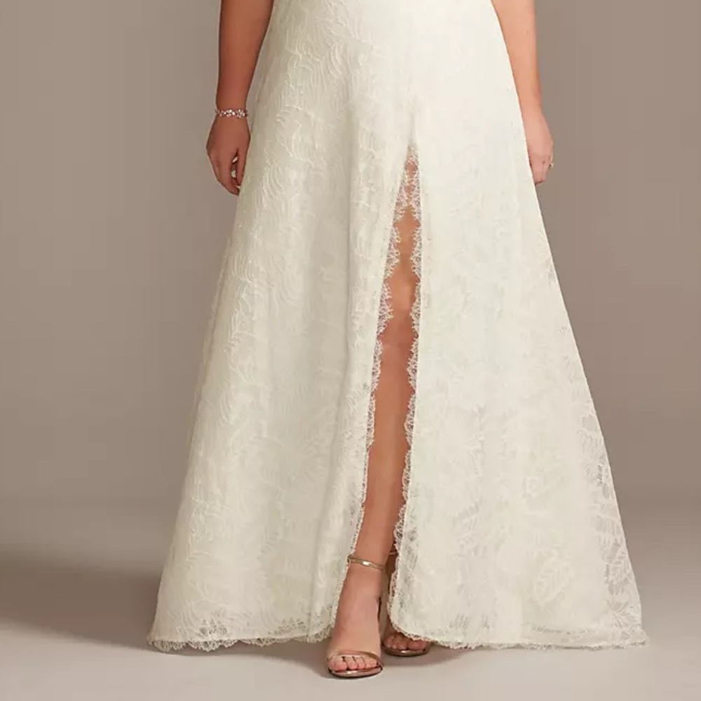 David's Bridal Ivory Lace A-Line Wedding Dress with Front Slit